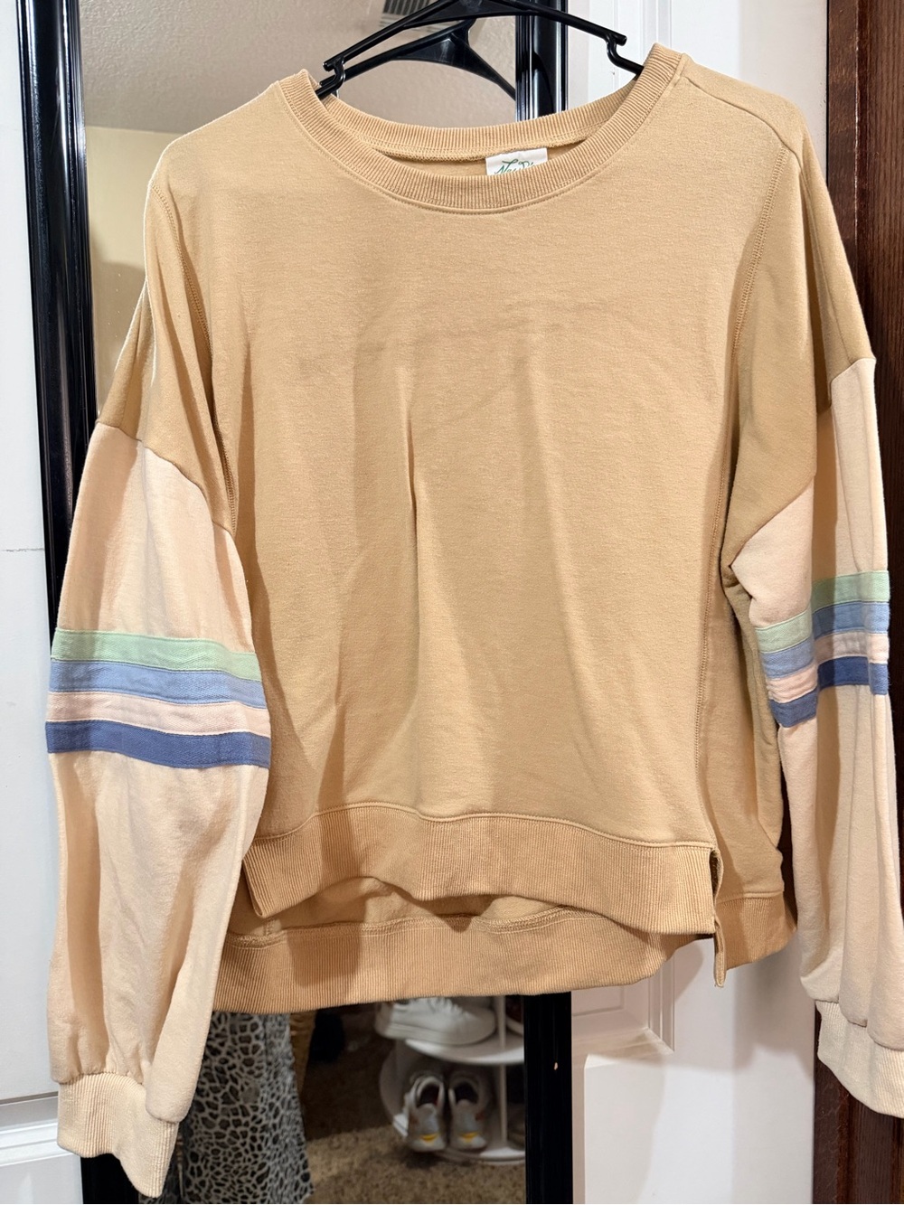 Sweatsuit. Tan Sweatshirt and sweat pants with Pastel Stripe Sleeves